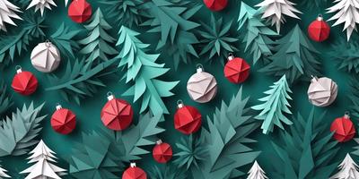 The primary subject of the image is a group of Christmas ornaments, including red and green balls, placed in a forest setting. The ornaments are made of paper and are arranged in a visually appealing manner. The setting is a lush green forest with trees, creating a festive and holiday atmosphere. The visual style of the image is a combination of digital art and illustration, giving it a unique and creative appearance. The colors and mood of the image are predominantly green and red, reflecting the traditional colors